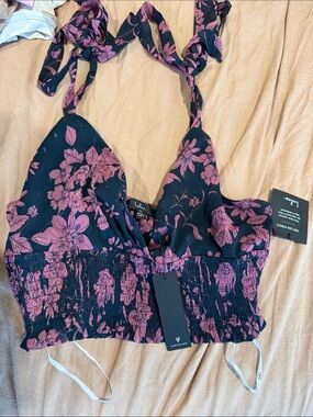 Lulu's Black and Pink Floral Smocked Crop Halter Top